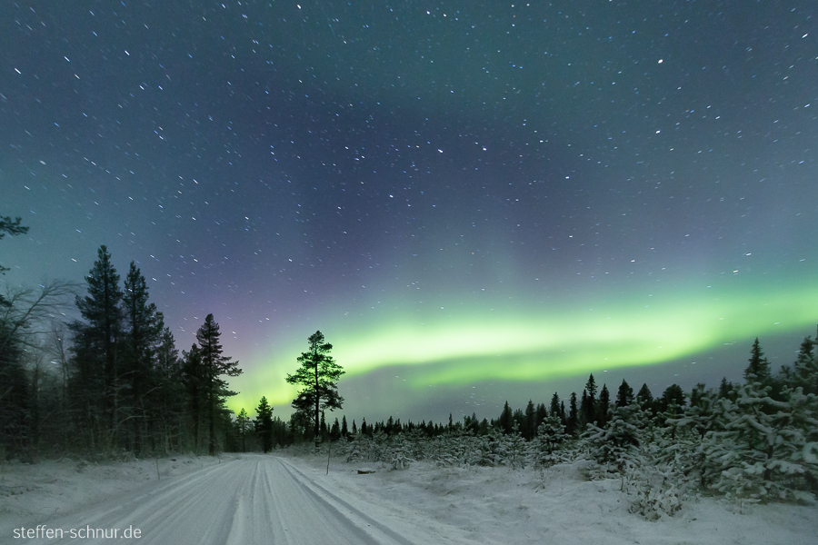 Nordlichter Schnee Lappland Finnland Bäume Sterne Strasse
