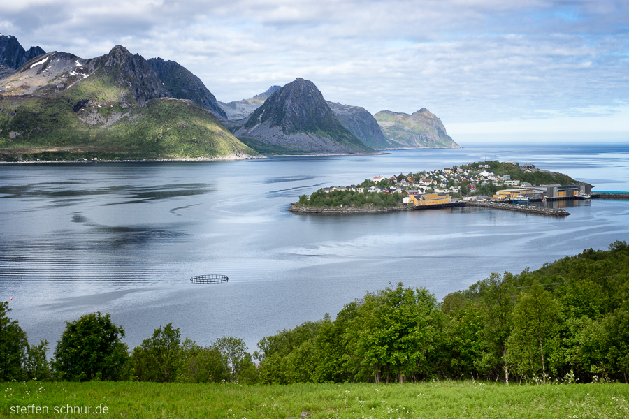 Berge Senja Dorf Fischzucht Fjord Insel Norwegen