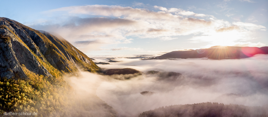 Berge Trøndelag Nebel Norwegen Panorama Sonne Wolken