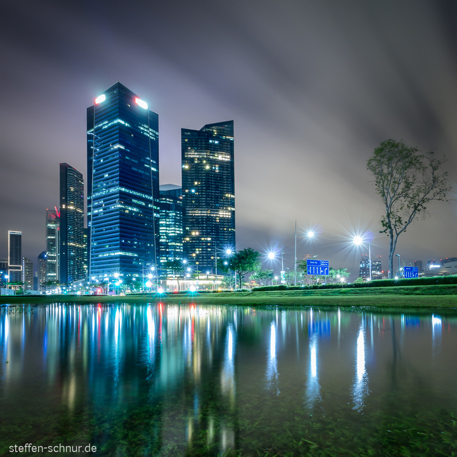 Singapur Baum Hochhäuser Nacht Spiegelung Wasser Wiese