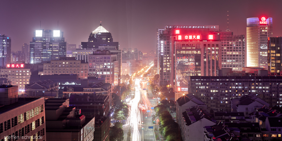 Übersicht Peking China Dächer Lichtspuren Lichtstrahlen Neonlicht
