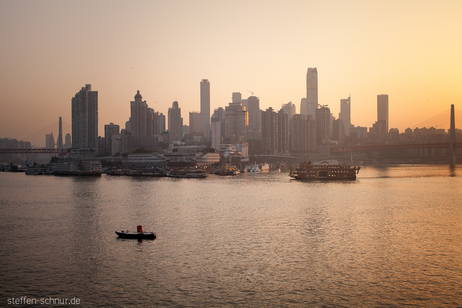 Chongqing Skyline Schiff Sonnenuntergang China Brücke Fluss