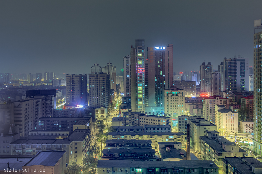 city skyline
 Shenyang
 China
 night
 fluorescent light
 street
 residential area
