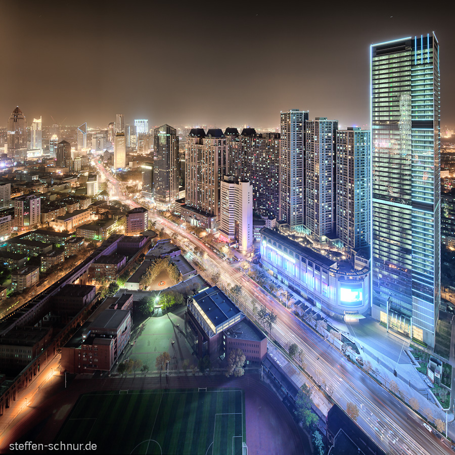 Sportplatz Tianjin China Hochhäuser Lichter Nacht Nachtaufnahme