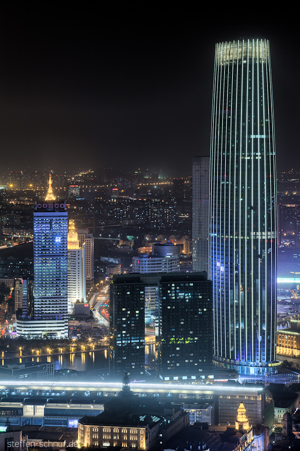 Tianjin China Hochhäuser Nacht Nahaufnahme Neonlicht Wolkenkratzer