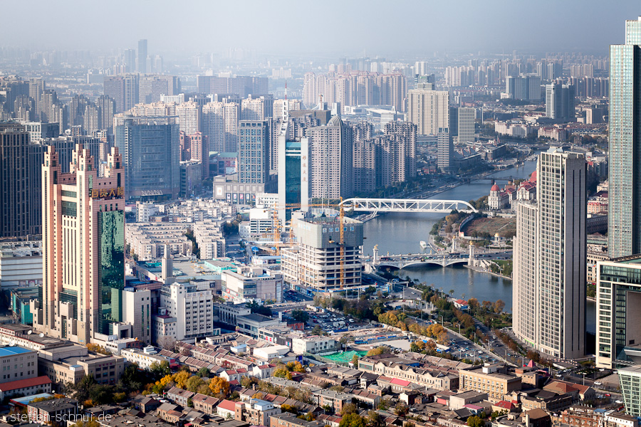 Panoramasicht Tianjin China Fluss Großstadt Hochhäuser von oben