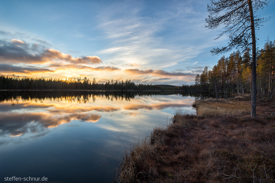 Sonnenuntergang Finnland Baum See Spiegelung Wald Wolken