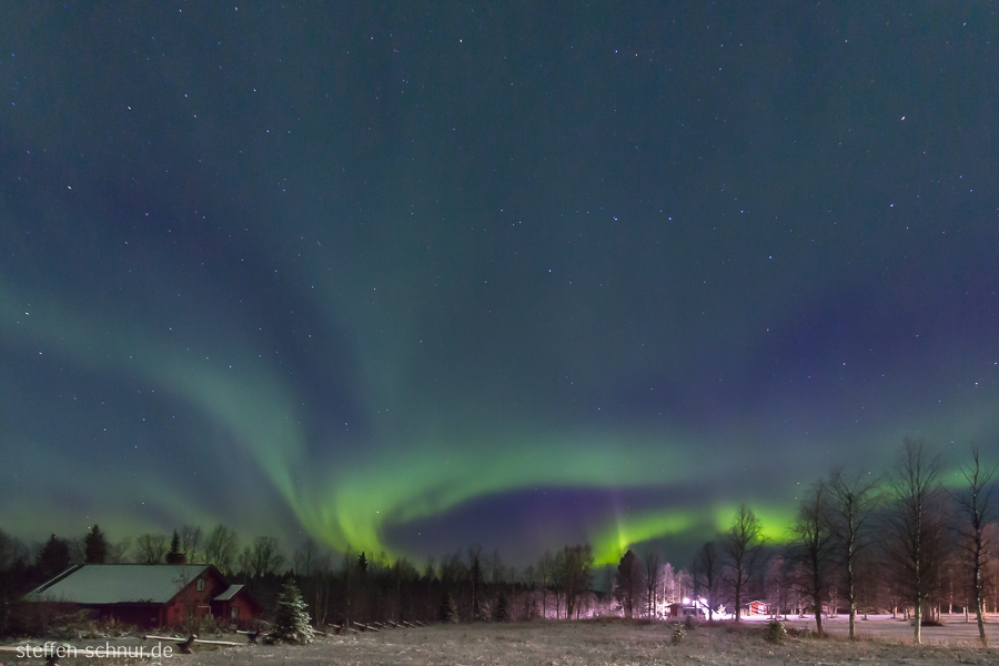 Nordlichter Schnee Lappland Finnland Bäume Haus Sterne