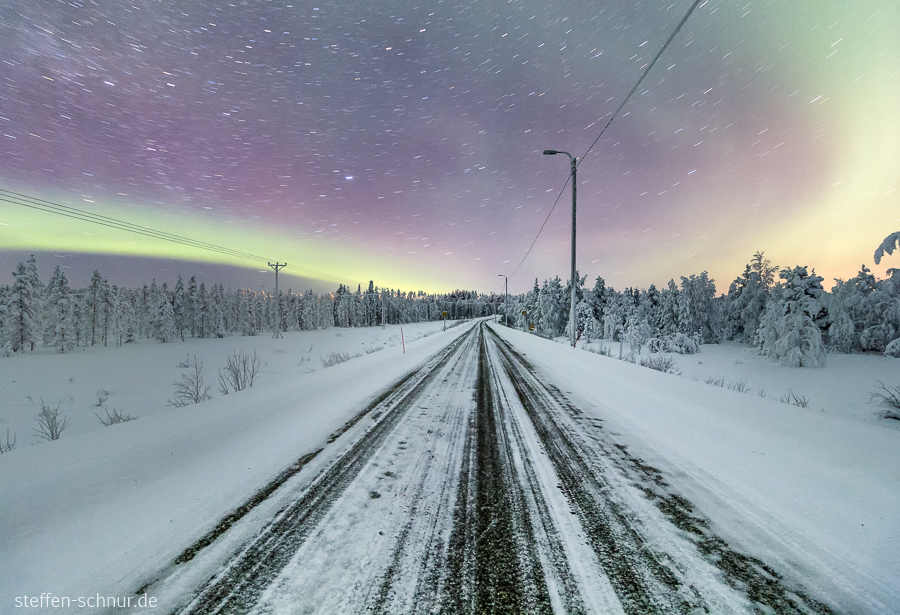 northern lights
 Lapland
 Finland
 empty road
