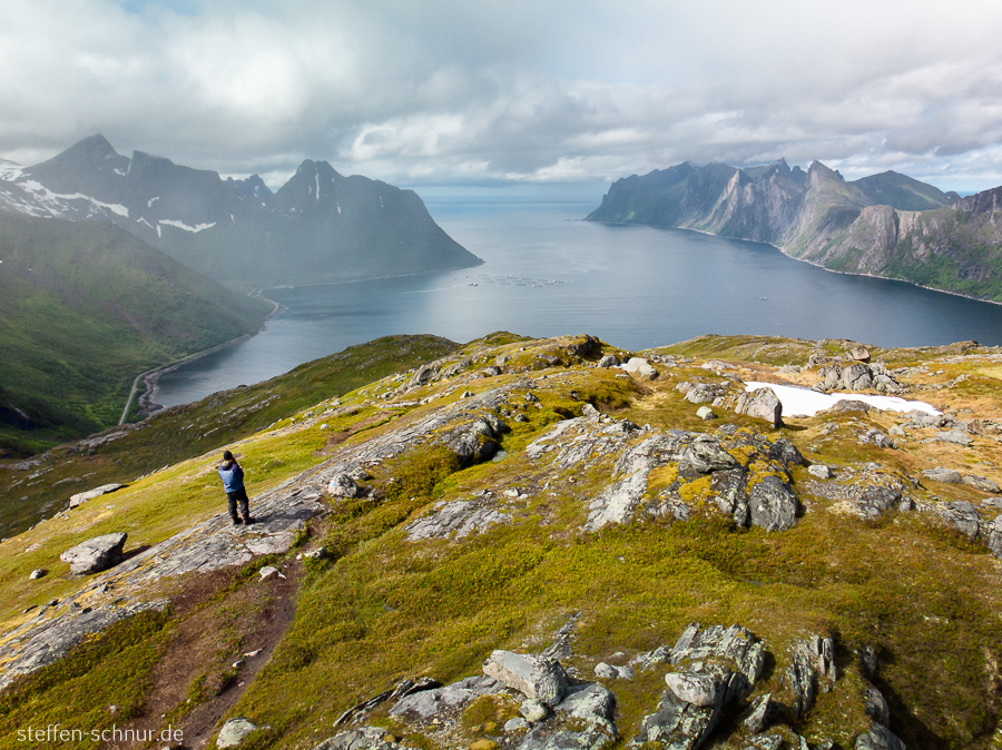 Berg Senja Fjord Mensch Norwegen Wanderer