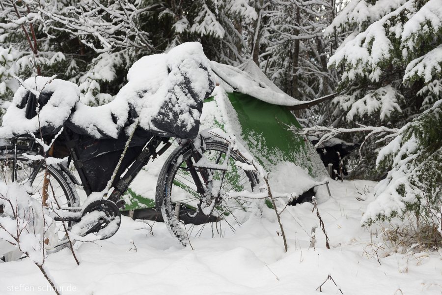 Schnee Fahrrad Schweden Winter Zelt camping