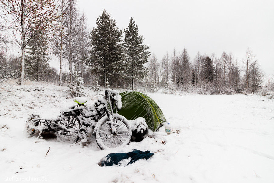 Schnee Fahrrad Finnland Winter Zelt