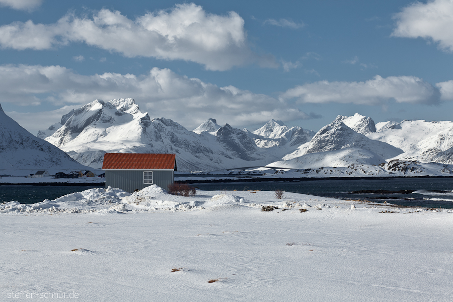 Schnee Berge Architektur Brücke Haus Lofoten Norwegen