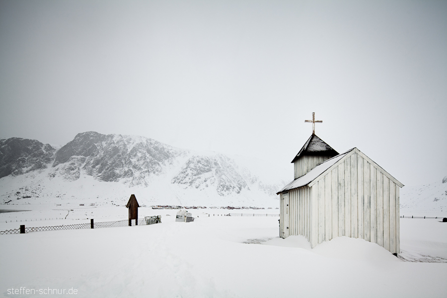 Schnee Berge Kirche Architektur Kapelle Lofoten Norwegen