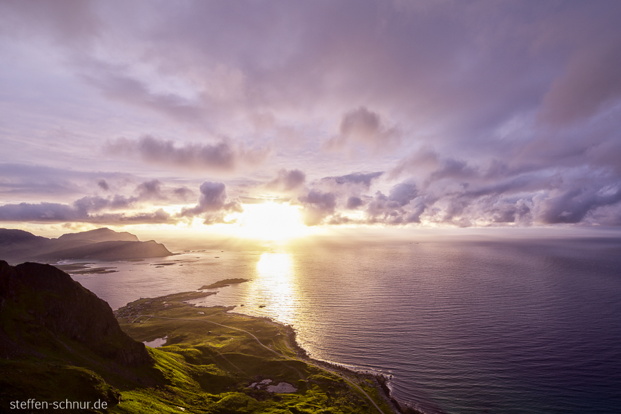 Panoramasicht Berge Sonnenuntergang Nordland Landschaft Lofoten Meer