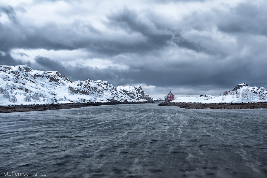 snow
 mountains
 fjord
 house
 Lofoten
 Norway
 flow
