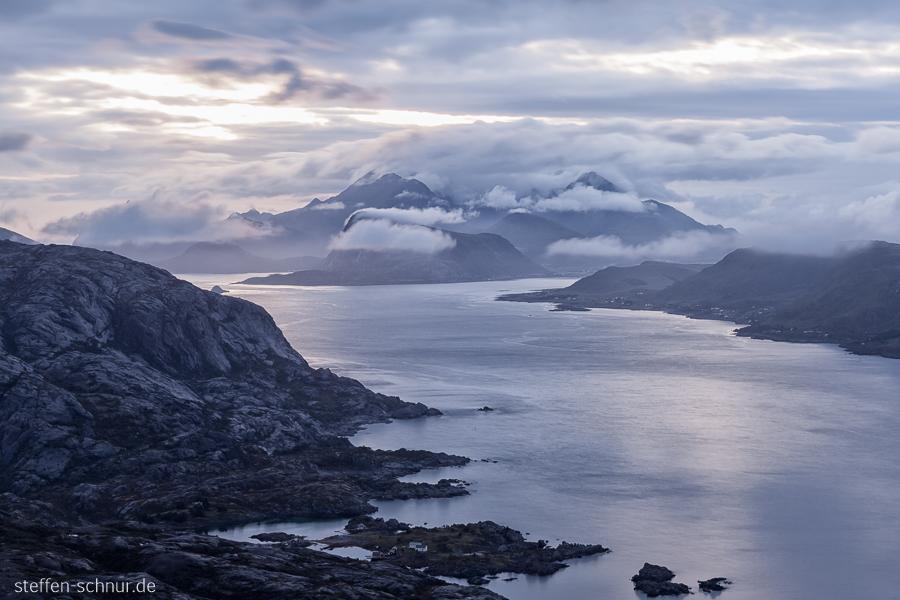 Berge Sonnenaufgang Insel Lofoten Natur Norwegen Wasser