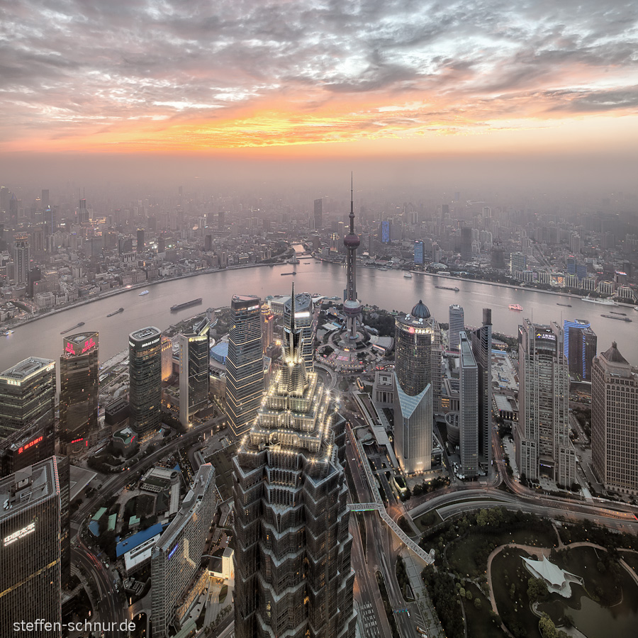 Skyline Sonnenuntergang Shanghai China Himmel Huangpu Fluss Jin Mao Tower