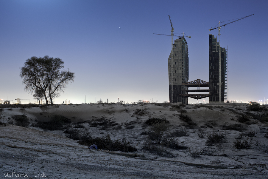 Baum Baustelle Dubai Krane Langzeitbelichtung Sterne VAE
